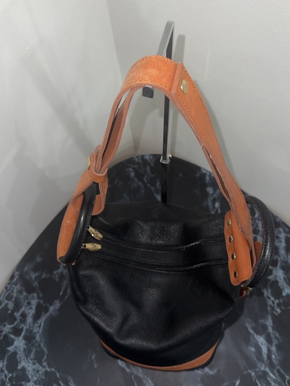Valentina Pebbled Genuine Leather Black Bucket Sling Bag Backpack AUTHENTIC - Picture 6 of 15
